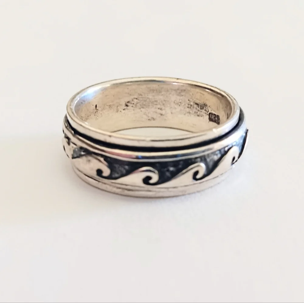 Sterling Silver 925 Unisex Spinner Fidget Wave Ring - Picture 2 of 3